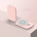Magsafe magnetic wireless power bank in Barbie Pink, showing slim design and dimensions.