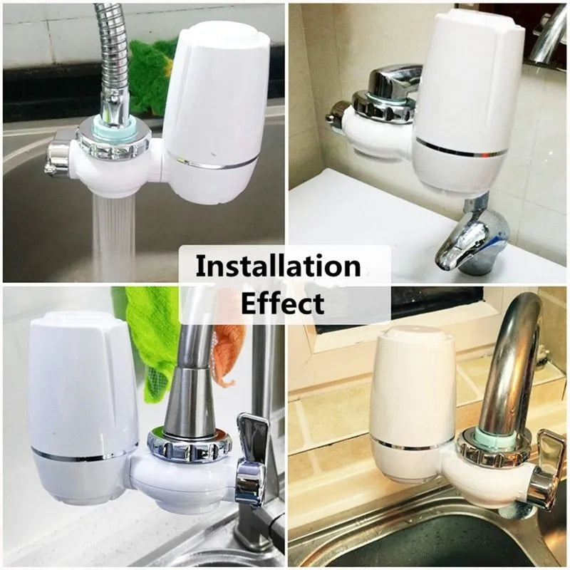 White plastic faucet water filter with switch lever and ceramic cartridge, shown with universal tap adapters.