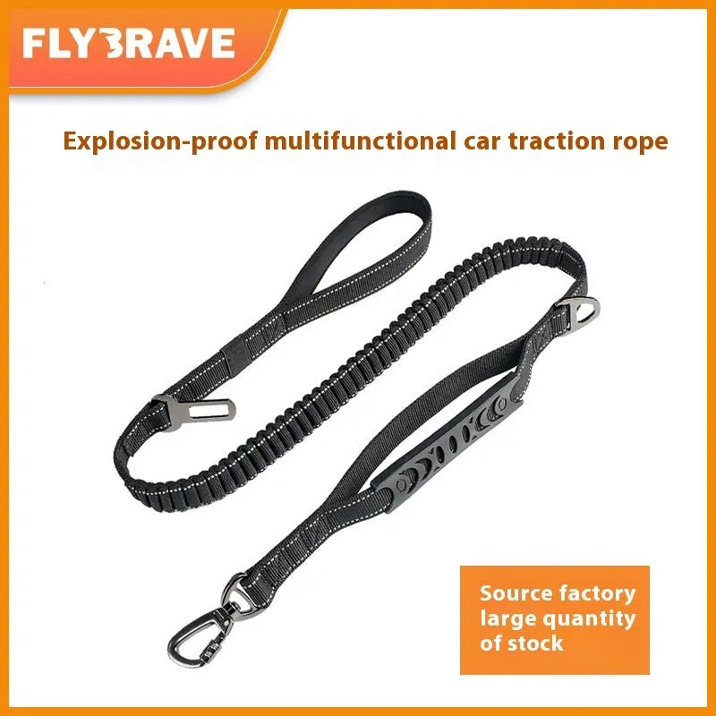 Retractable dog leash with reflective strip and comfort grip handle in black, orange, and khaki colours