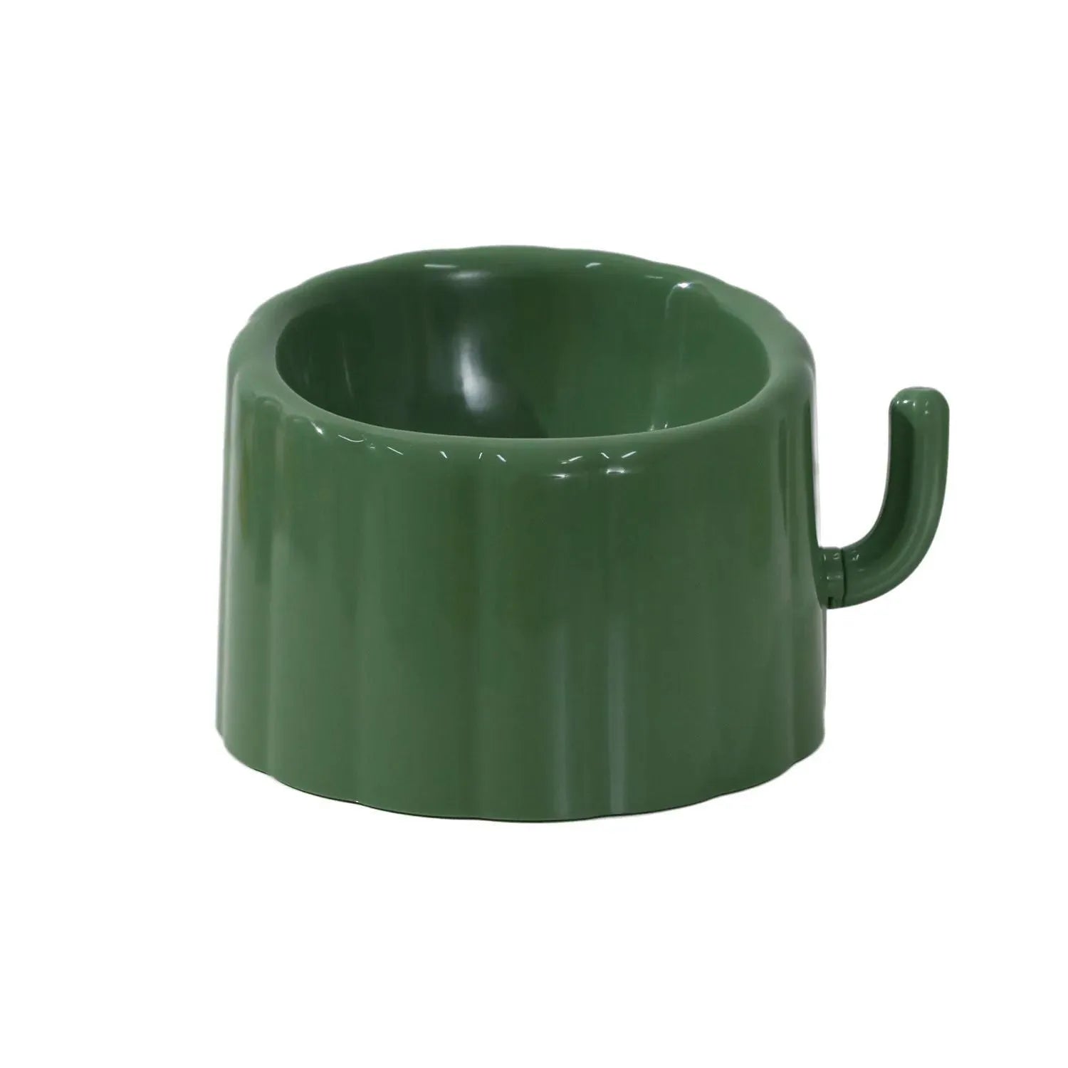 Dark green cat bowl with cactus design and anti-slip base on a wooden surface.