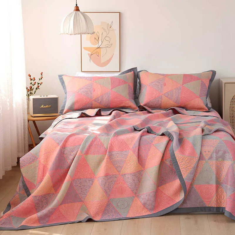Three-piece cotton gauze bedding set with floral pattern blanket and matching pillowcases