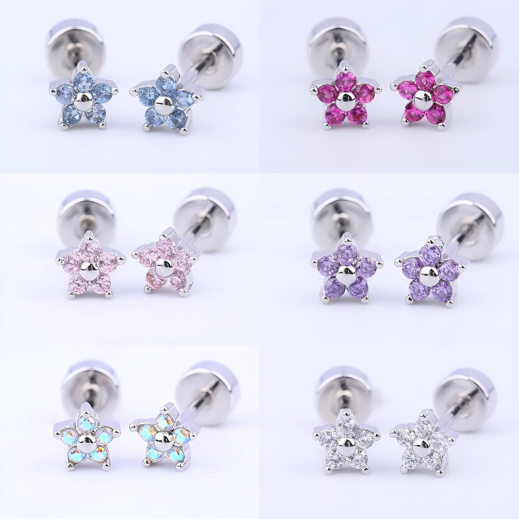 Titanium steel copper-plated gold micro inlaid zirconium five-petal plum flower ear studs in blue colour