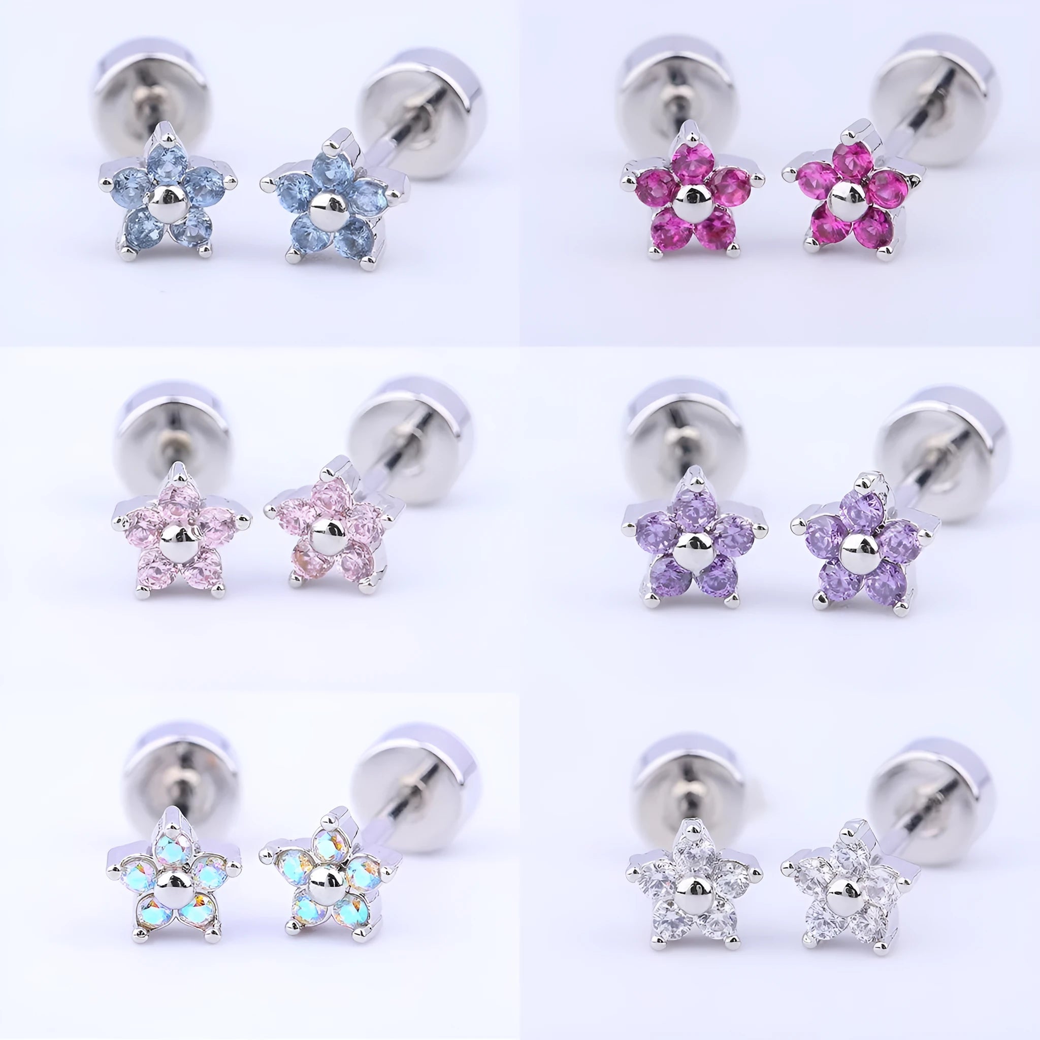Titanium steel copper-plated gold micro inlaid zirconium five-petal plum flower ear studs in blue colour