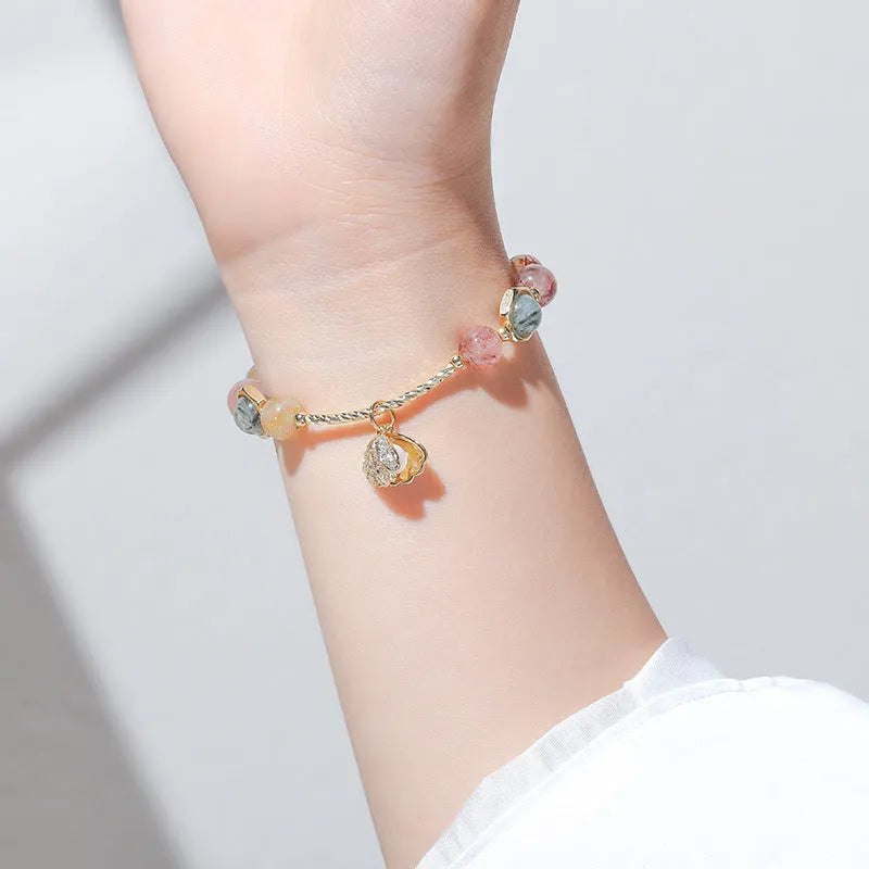 Women's crystal bracelet with colourful hair crystal and red sealant flower shell designs