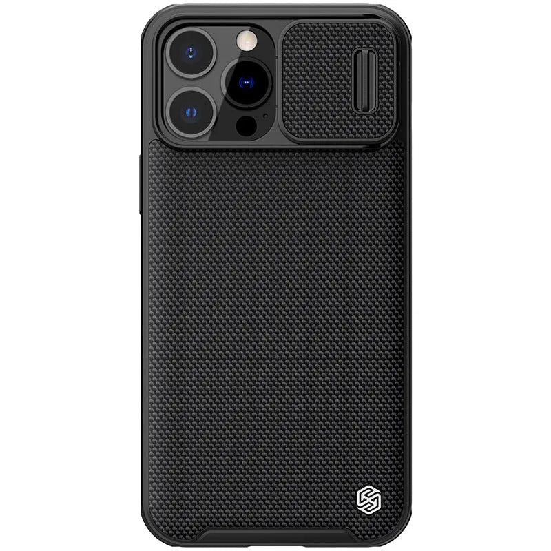 Black textured UniPro series sliding back cover case for Apple iPhone 13 Pro Max on a table.