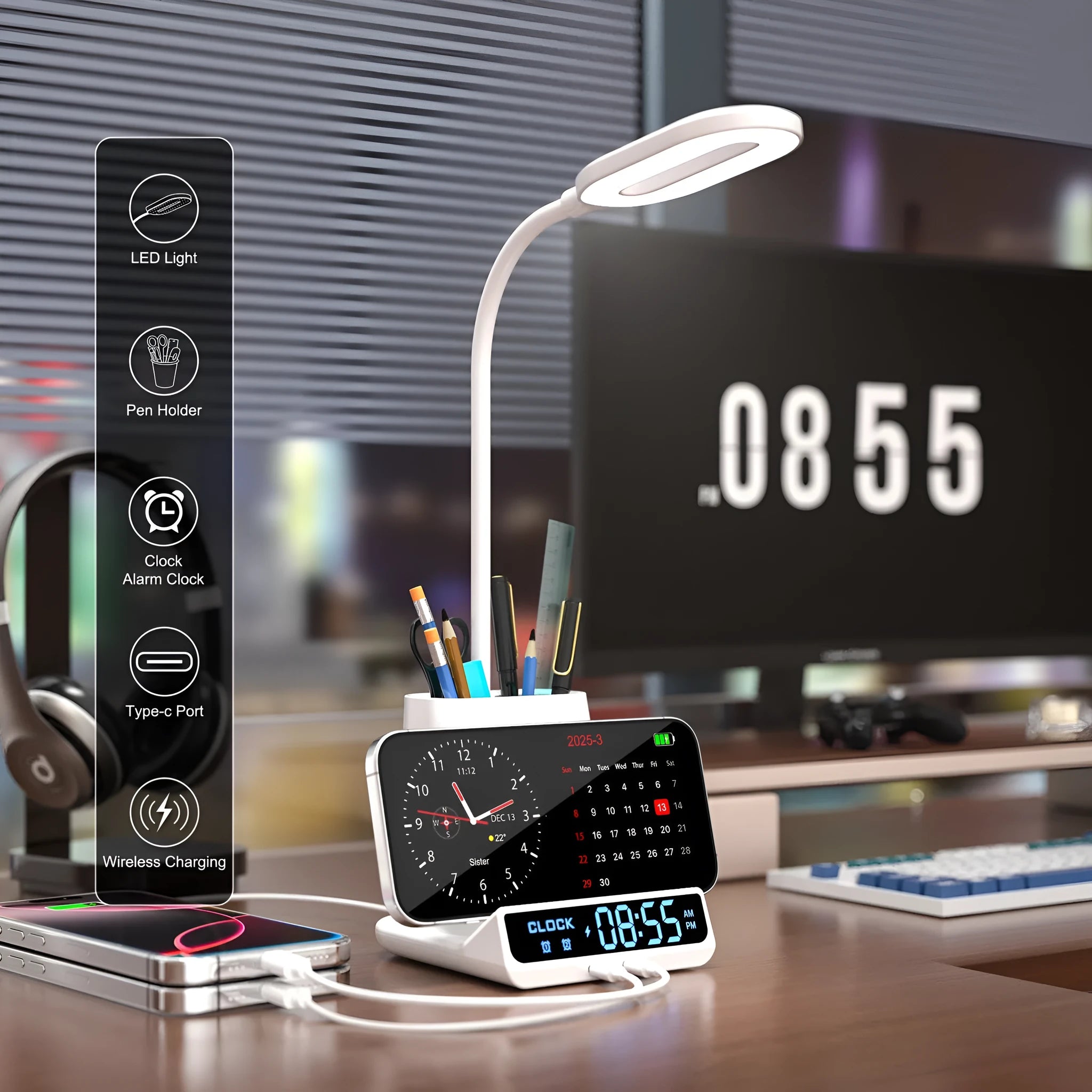 Wireless charging desk lamp with storage box in modern simplicity style