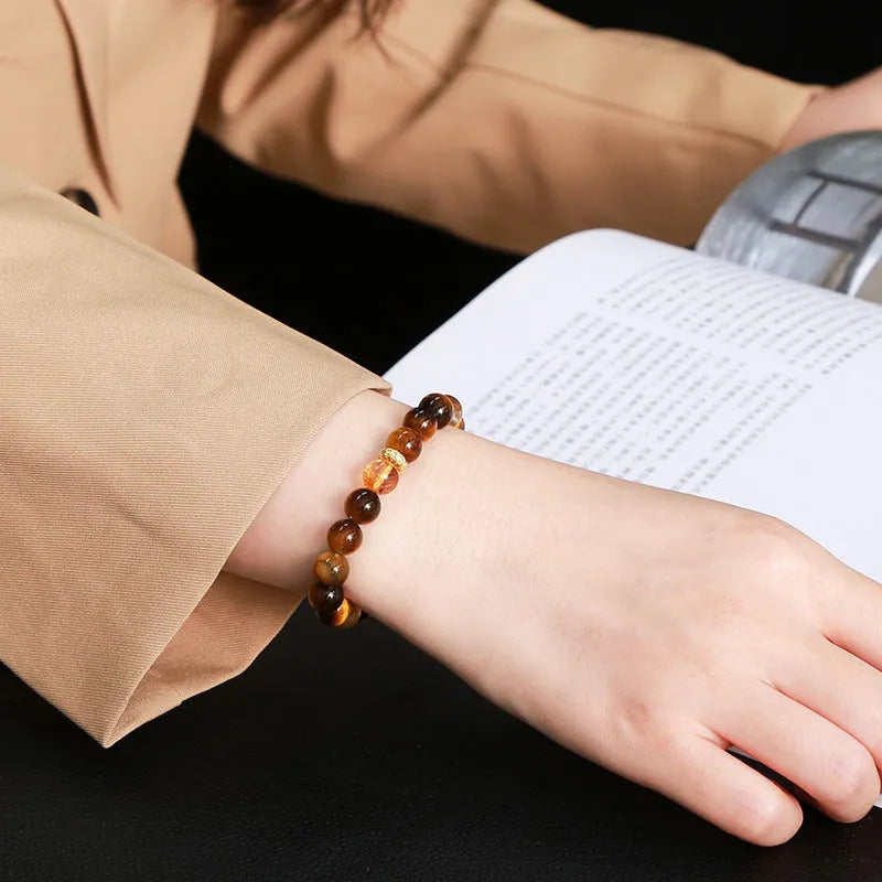 Natural yellow tiger eye stone bracelet with mixed yellow tower crystal beads in 8mm geometric round design