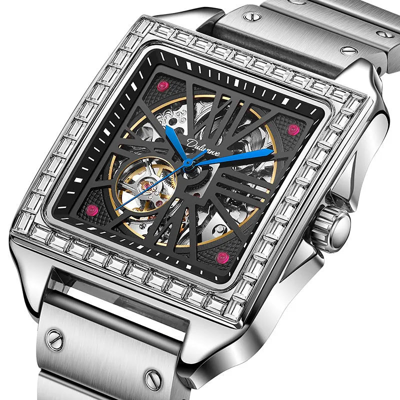 Square automatic watch for men with diamonds on dial, on black steel bracelet