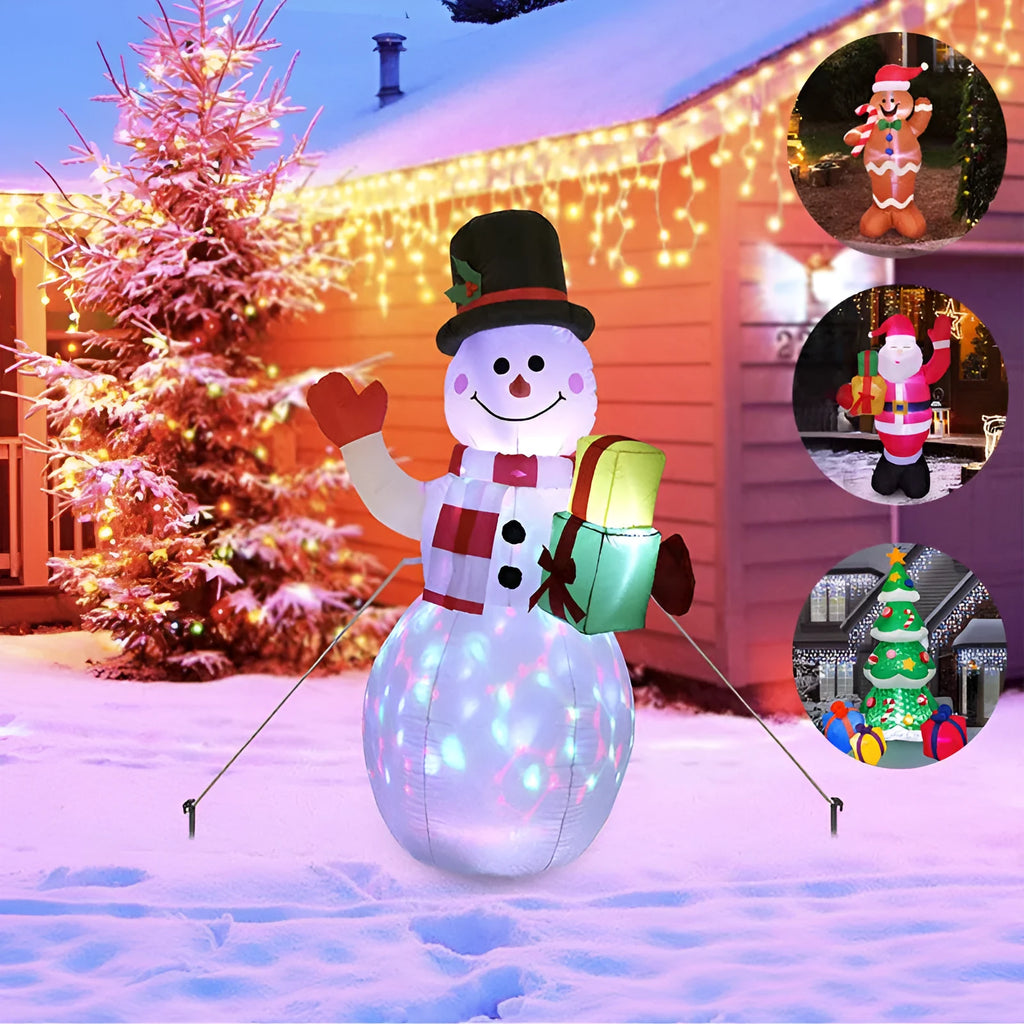 Outdoor Christmas inflatable decoration with LED lights showing Santa, snowman, and tree designs