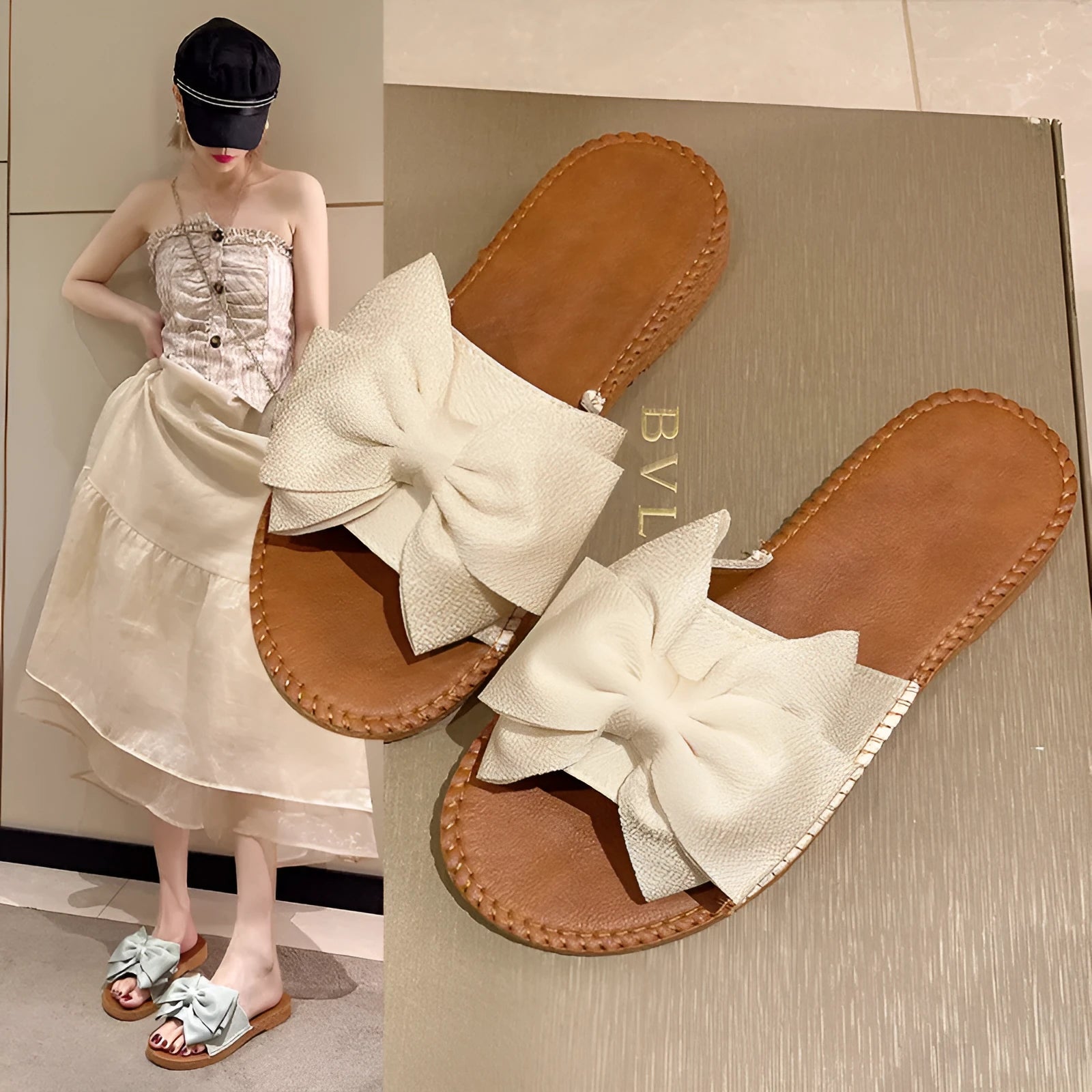 Women's slip-on cloth sandals with suede upper and decorative bow in beige colour