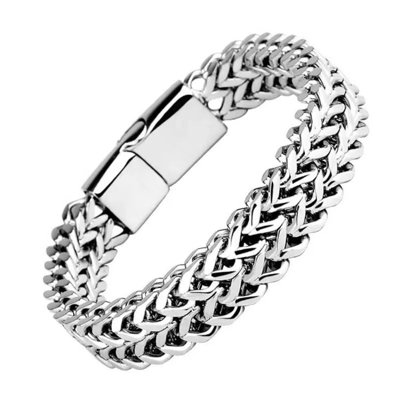 Silver stainless steel men's bracelet with geometric links, shown in 4x8mm and 5x10mm sizes on a wrist.