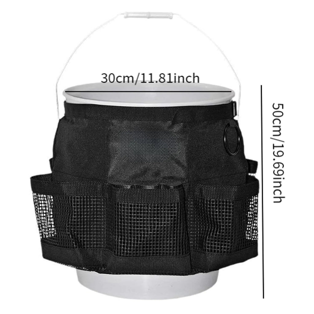 Black cylindrical polyester hanging storage bag designed for a 5-gallon barrel.