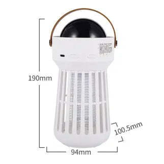 White electric mosquito killer lamp with star projection feature and folding handle for indoor and outdoor use.