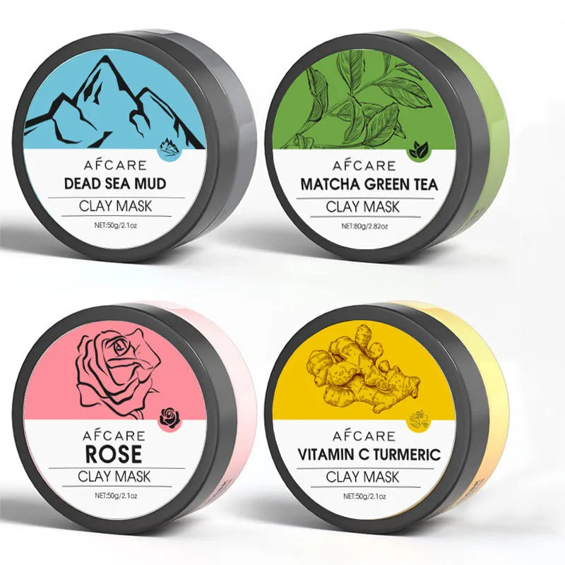 Set of four clay face mask jars: Dead Sea Mud, Green Tea, Turmeric, and Rose, each 80ml.