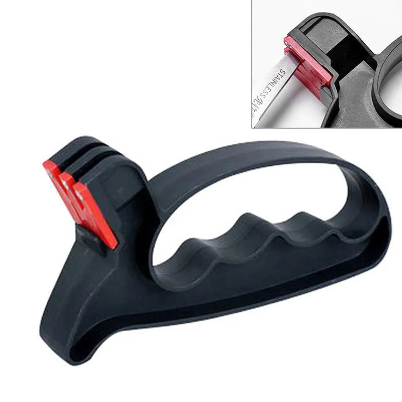 Black handheld knife and scissor sharpener tool on a white background.