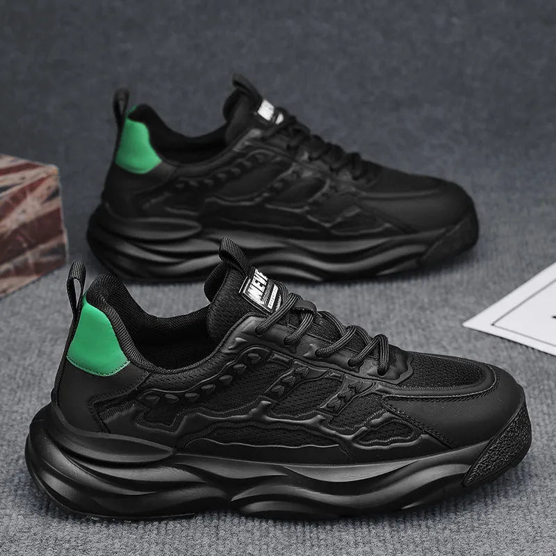 Men's solid colour breathable mesh shoes with round toe, shown in white and black.
