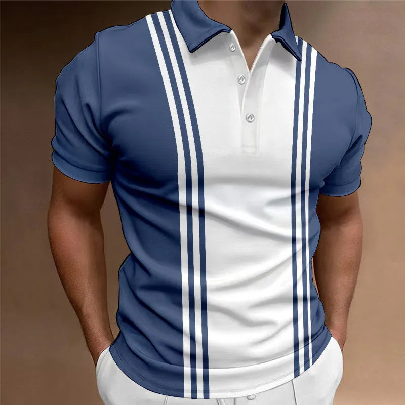 Men's loose fit t-shirt with 3 button printing lapel in polyester fabric showing blue colour option