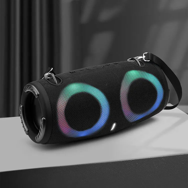 Portable Bluetooth speaker with RGB lights in black, blue, camouflage, red, or silver grey.