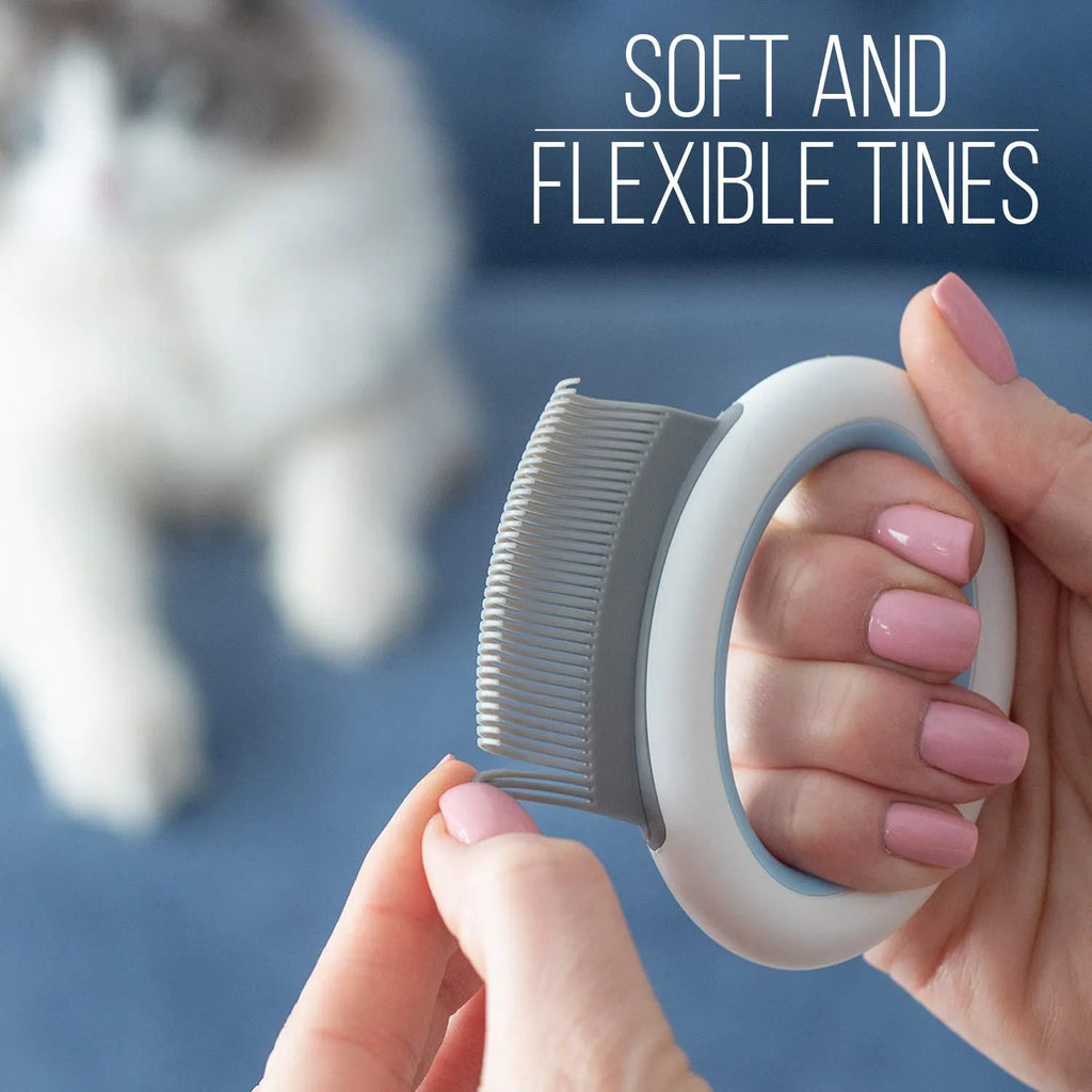Blue pet deshedding and dematting comb with soft teeth and ergonomic handle.