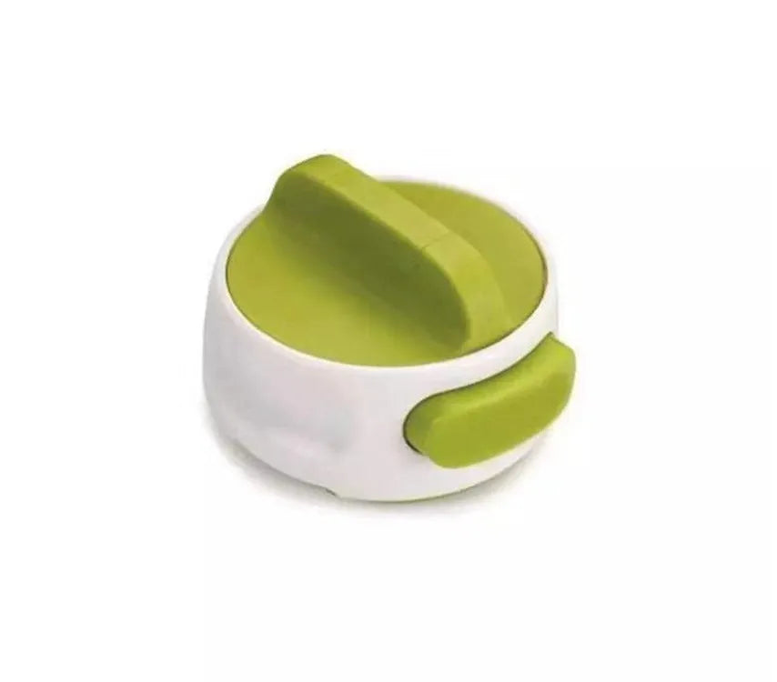 Green and red stainless steel lid opener tool for jars and bottles, 6.7 cm long.