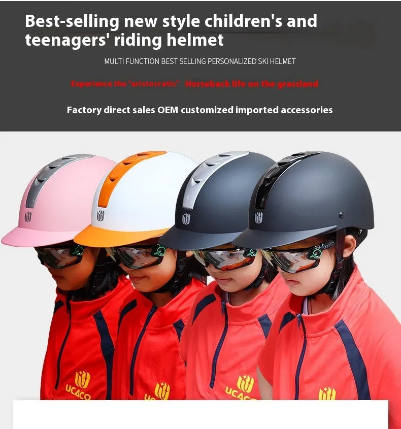 Super light summer equestrian riding helmet in ABS EPS material showing colour options including bright black and silver pink