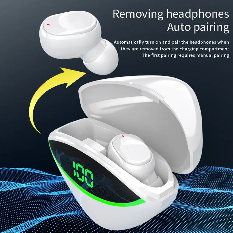 Wireless Bluetooth headset with digital display charging case in Black, in-ear design, USB 3.0 port