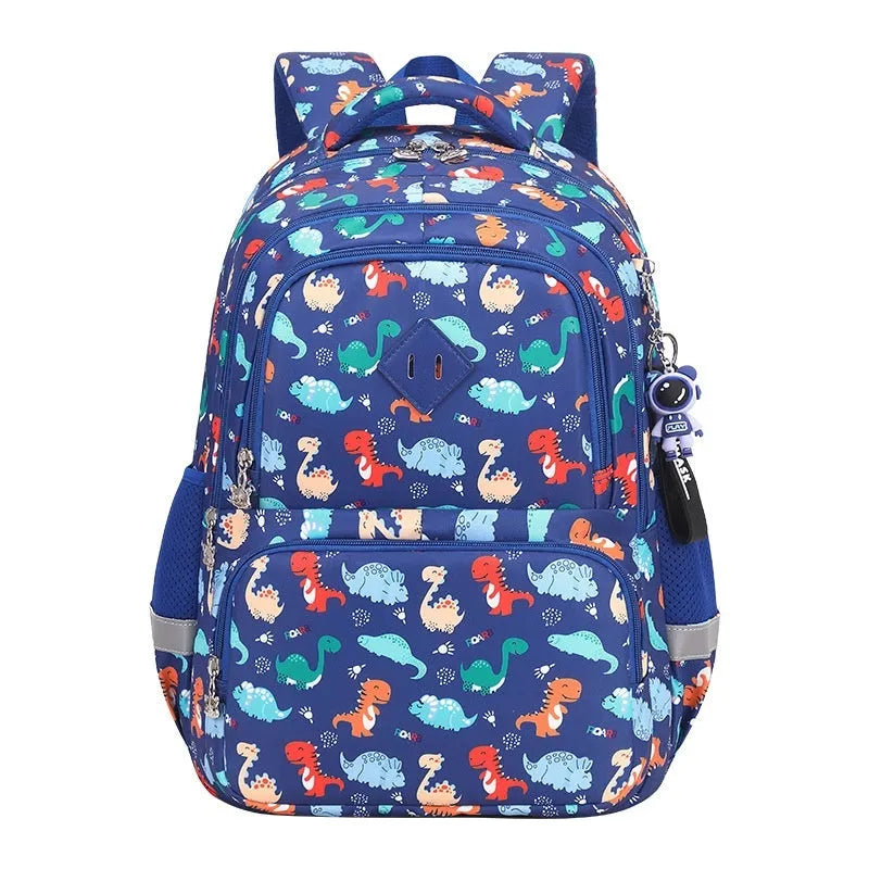 Colourful children's waterproof Oxford cloth school backpack with dinosaur print and curved shoulder straps.