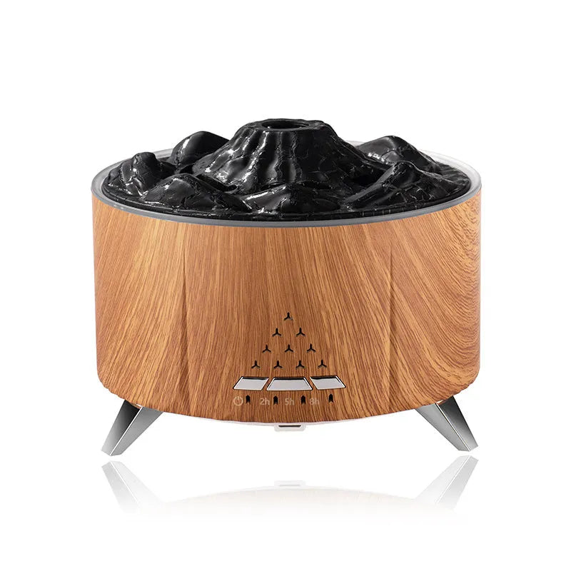 White mini simulated flame ultrasonic aromatherapy humidifier on wooden surface with remote control