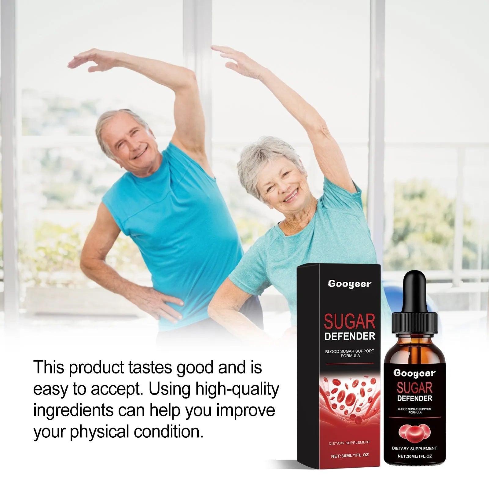 Googeer Body Care Drops supplement in a 30ml glass bottle with a black dropper.