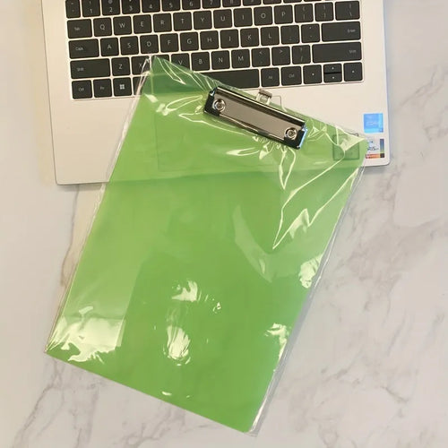 A4 transparent polypropylene clipboard with metal clip, shown in blue, holding paper.