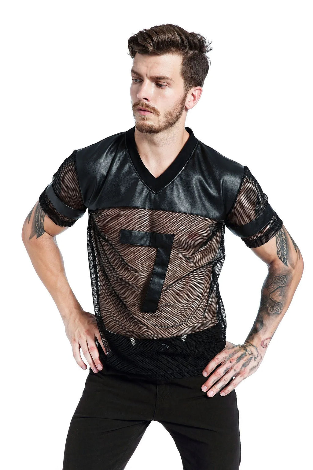 Men's black mesh sports t-shirt with V-neck design and stitching collage craft on short sleeves