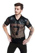 Men's black mesh sports t-shirt with V-neck design and stitching collage craft on short sleeves