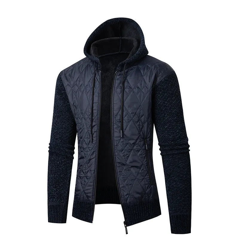 A grey men's hooded sweater coat with a cinched waist, made from wool corduroy for winter.