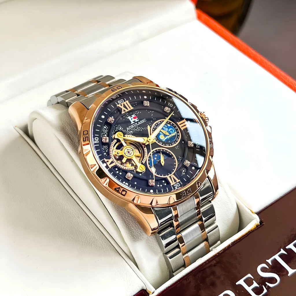 Men's automatic mechanical watch with large dial, rose gold case, and black face.