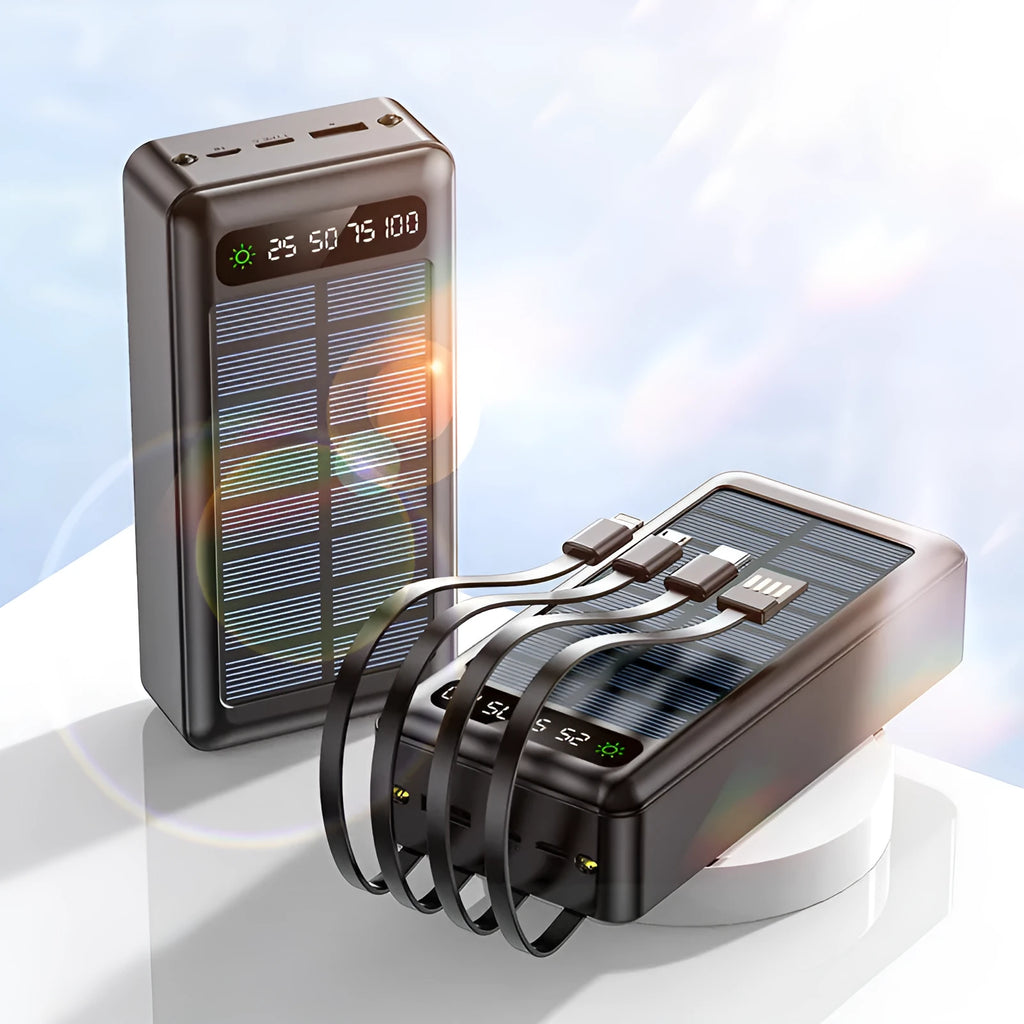 Solar power bank with cable showing black, white and green colour options with 30000mAh capacity label