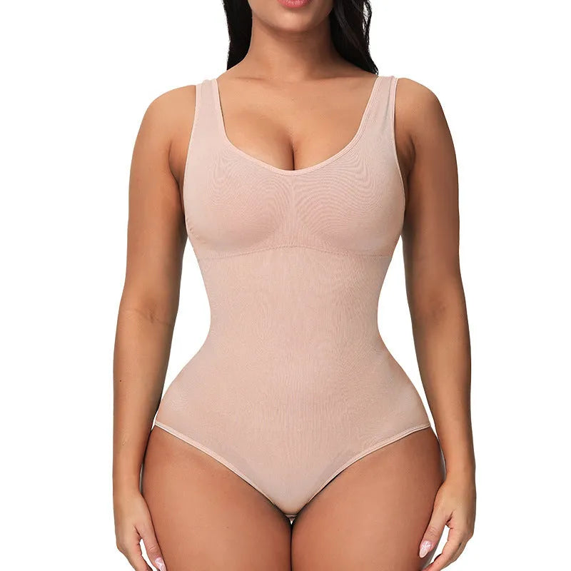 Seamless women's shapewear bodysuit in thin nylon fabric showing waist support and hip lift design.