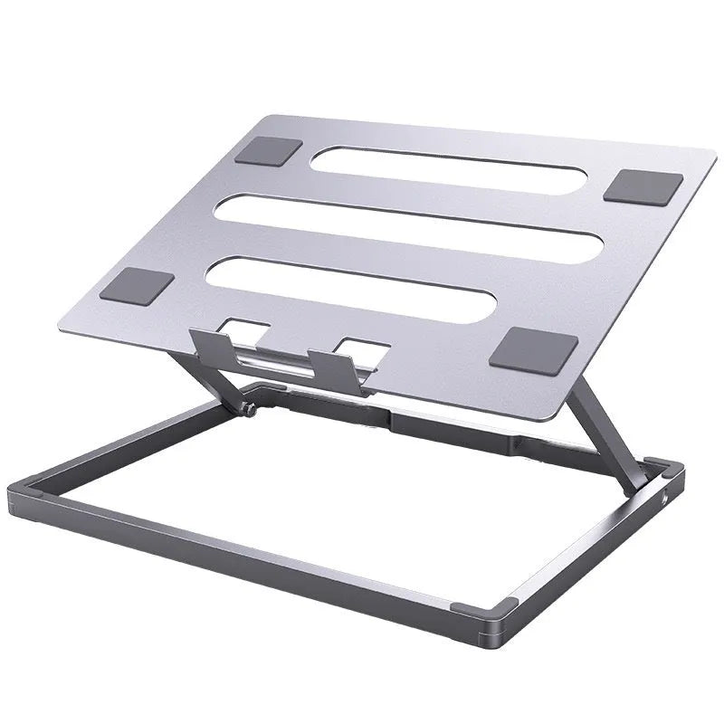 Aluminium alloy folding notebook cooling rack showing laptop elevation and compact folded position