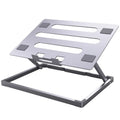 Aluminium alloy folding notebook cooling rack showing laptop elevation and compact folded position