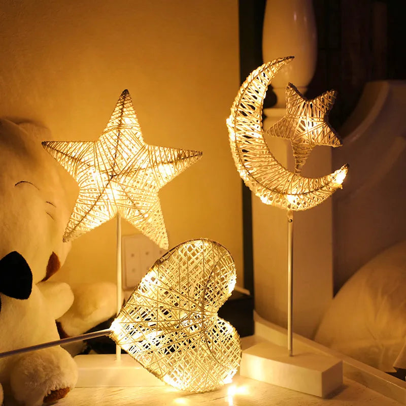 Rattan and copper wire LED star lamp, heart lamp, and moon lamp for bedroom decoration