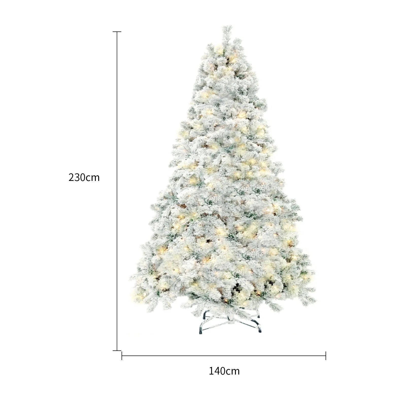 Green and white artificial PVC Christmas tree with snow effect and metal stand.