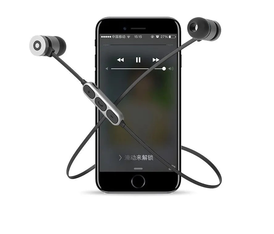 Black wireless neckband sports headset with magnetic in-ear Bluetooth earbuds.