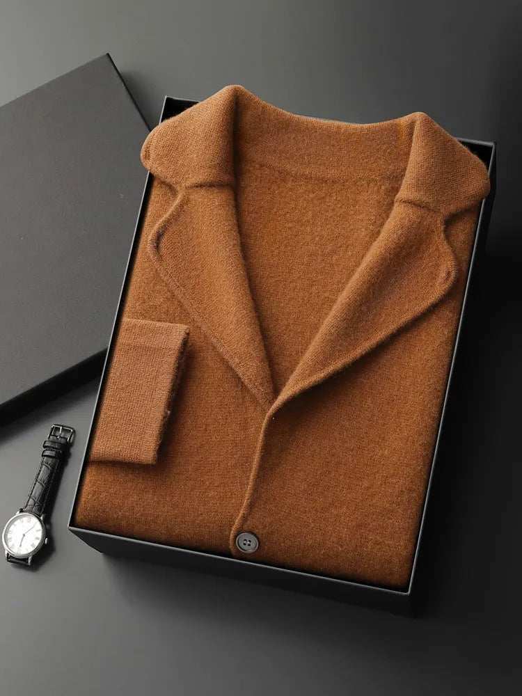 Men's cashmere cardigan jacket in loose fit with thickened knit, shown in light grey colour option