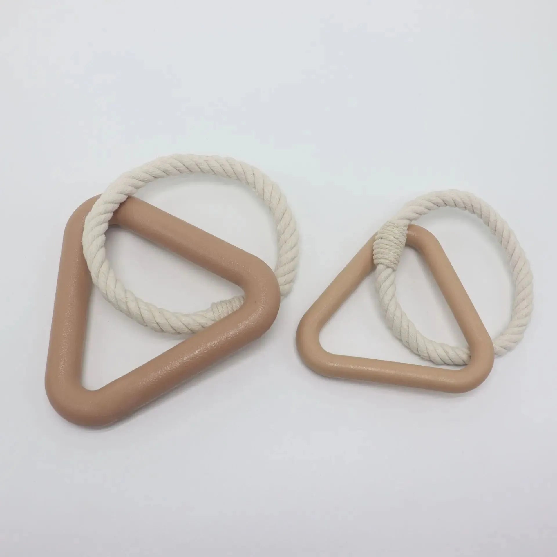 Large triangular dog pull ring toy made from beige cotton rope.