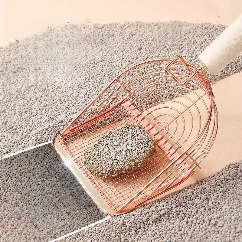 Stainless steel cat litter scoop with wooden handle showing screen design for waste filtration
