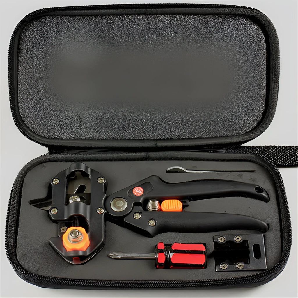 Black handheld grafting scissors with high carbon steel blade, open position showing U-shape cutting slot