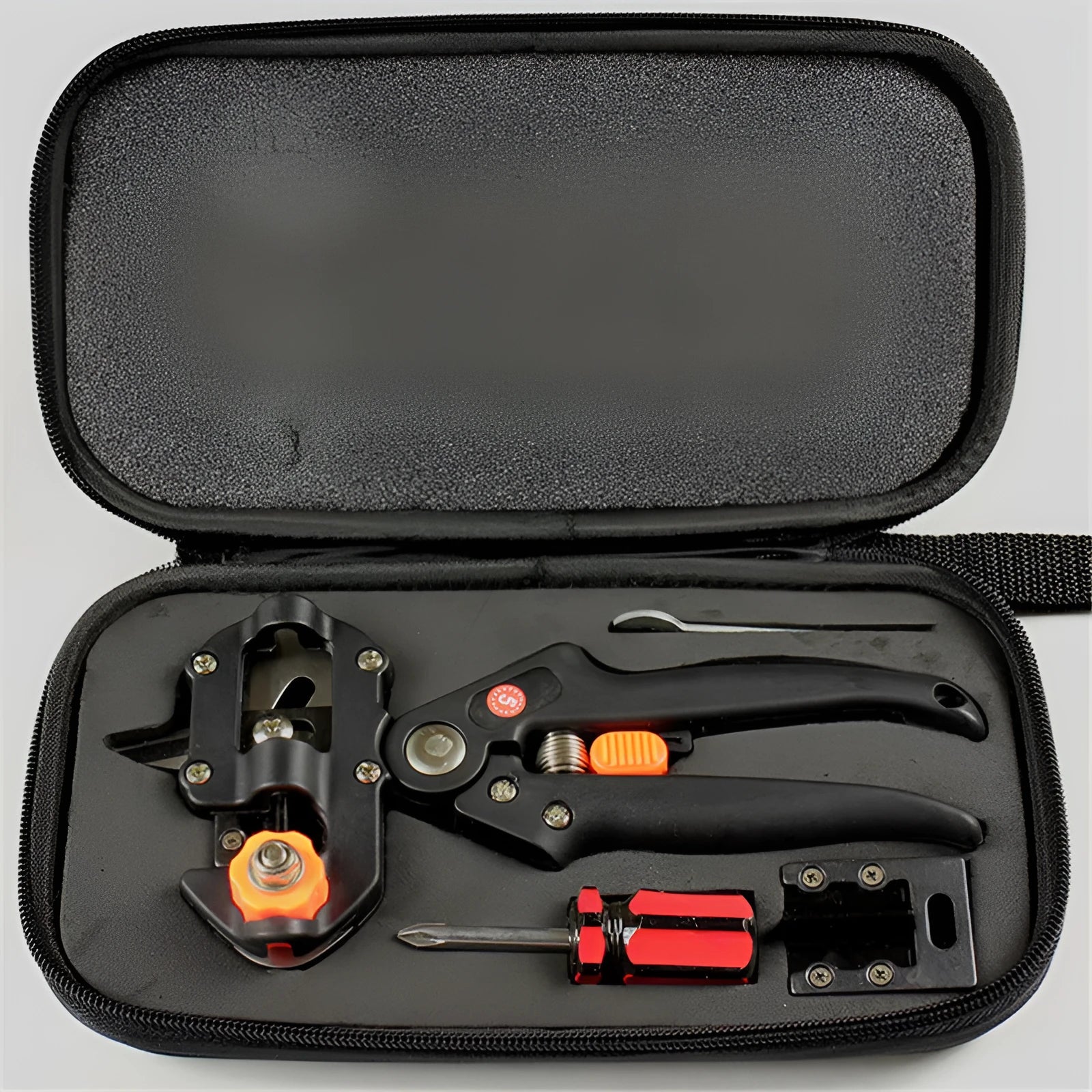 Black handheld grafting scissors with high carbon steel blade, open position showing U-shape cutting slot