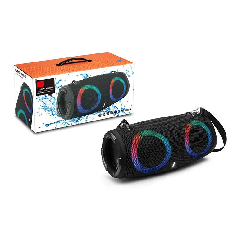 Portable Bluetooth speaker with RGB lights in black, blue, camouflage, red, or silver grey.