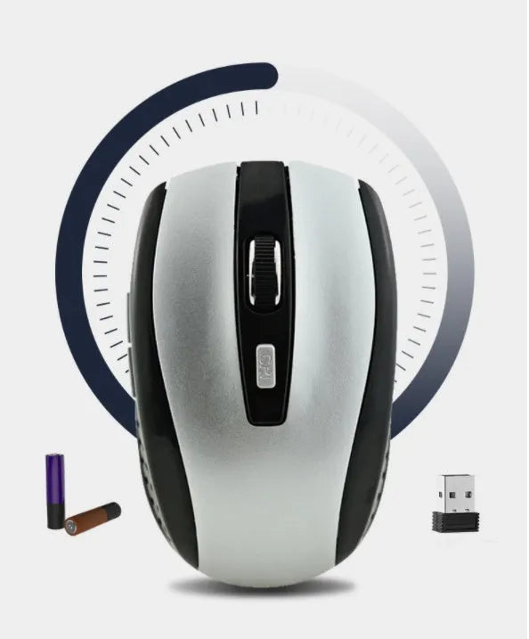 2.4G optical wireless mouse with six keys and four-way roller, shown in black