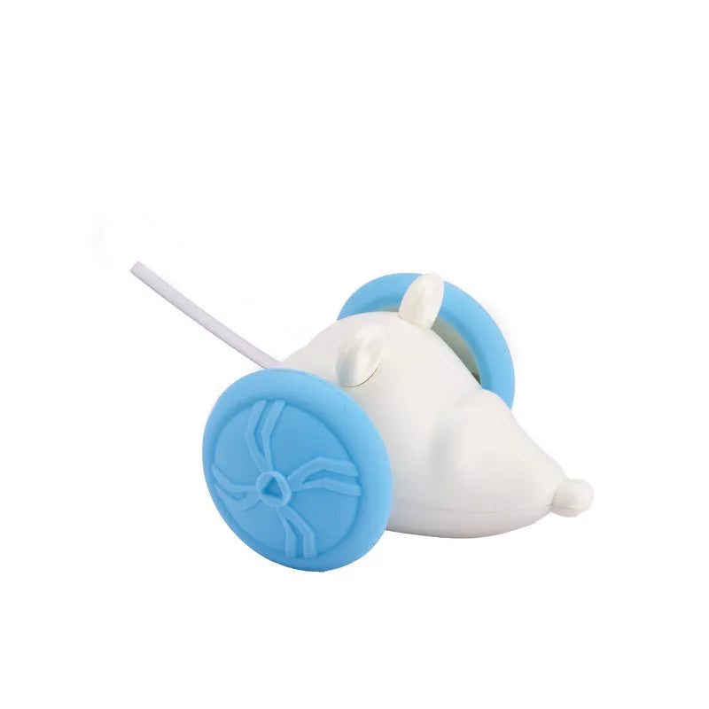 Electric cat toy mouse with remote control and USB charging cable in blue and yellow colour options