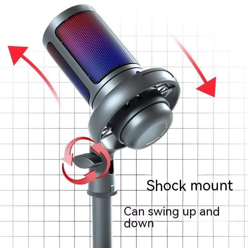 USB condenser microphone with RGB lighting in black, white, or pink colours for computer recording